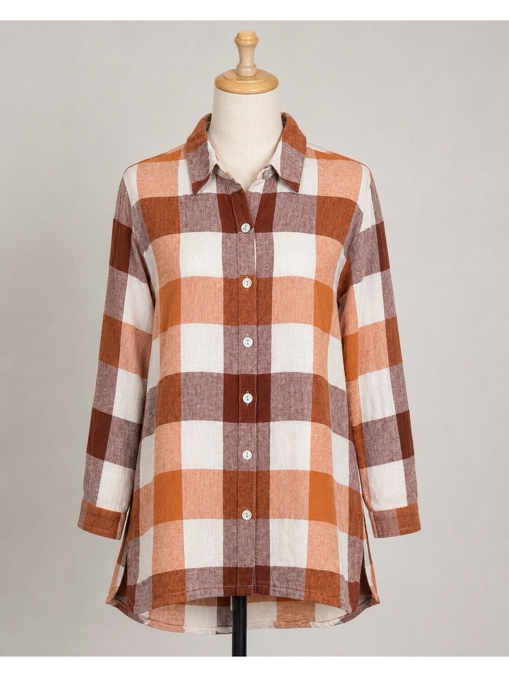 Soft Surroundings XL Linen Blend Plaid Tunic Shirt Rust Brown Button Front - Picture 2 of 13